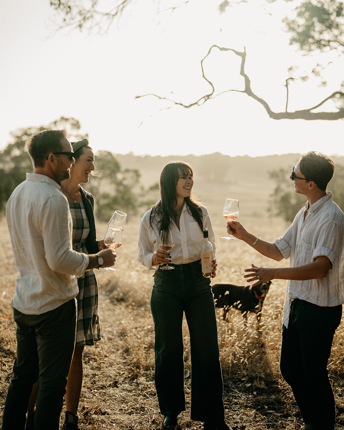 A group of four people standing outdoors, toasting with glasses of rosé wine.
